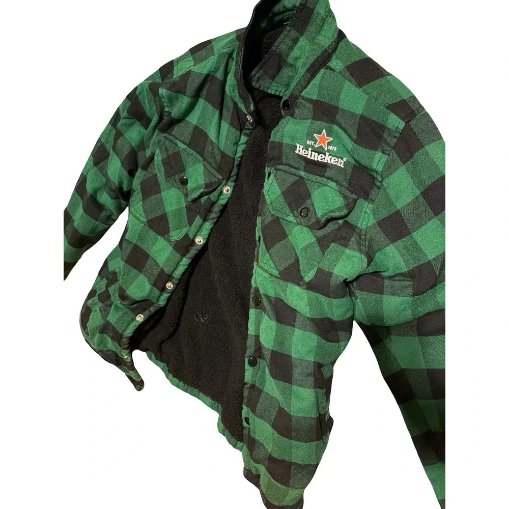 Heineken Mens Green Black Buffalo Plaid Sherpa Lined Snap Shirt Jacket Small